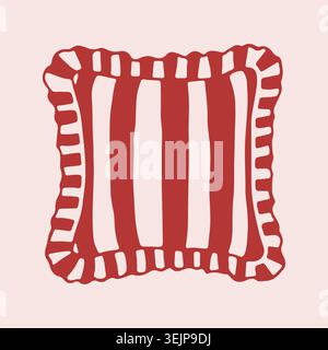 Vector hand drawn cushion with red and white vertical stripes and ruffled border. Cute decorative pillow icon for home interior design and cozy Stock Vector