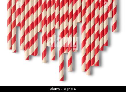 red and white striped paper, drinking straws isolated white background, top view background texture Stock Photo