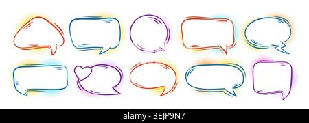 Comic speech bubble set. Blank cartoon text boxes, halftone dialog clouds, doodle chat balloons bright colors. Pop art frames for sticker, logo, tag and banner. Vector collection Stock Vector