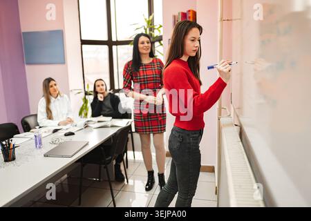 Female student writing on whiteboard at language school Stock Photo