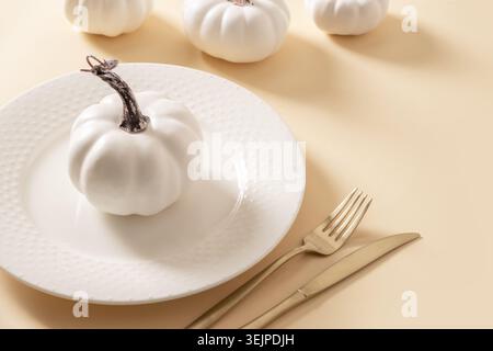 Thanksgiving day table setting. Festive dinner. Stock Photo