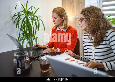 Two female colleagues working together on presentation Stock Photo
