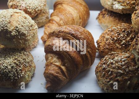 Fresh pastries on display in a bakery Stock Photo