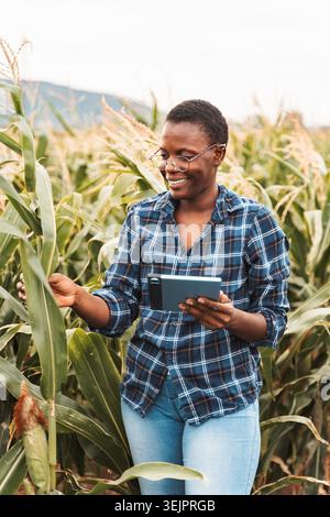 Smiling african farmer using tablet in corn field inspecting crops Stock Photo