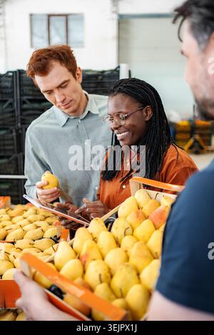 Agri-food workers checking quality of fresh pears in warehouse Stock Photo