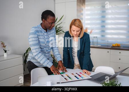 Women collaborating on interior design project choosing colors Stock Photo