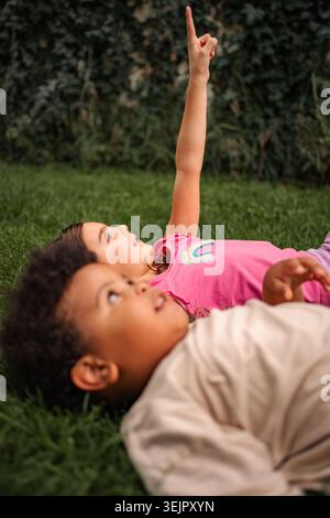Children lying on grass pointing at sky exploring Stock Photo