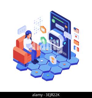 Isometric Woman Learning Language with Ai Chatbot Tutor. AI Language Learning Concept Stock Vector