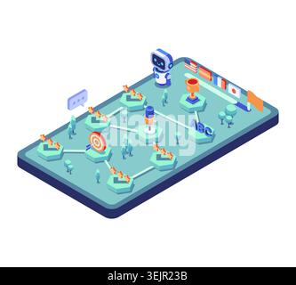Isometric Language Learning App with AI Robot and Gamified Path. AI Language Learning App Concept Stock Vector