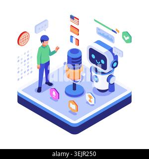 Isometric AI Pronunciation Training for Language Learning. AI Language Learning Concept Stock Vector