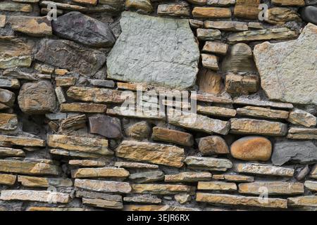 Detailed background of an old masonry wall featuring natural slate and limestone rocks Stock Photo