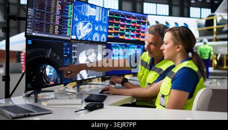 Engineer Uses Computer To Inspect Aircraft Parts During Airplane Maintenance Work. Stock Photo
