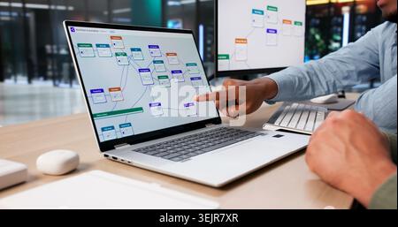 Two Software Engineers Planning Automated Workflow System Using Laptop Together. Stock Photo