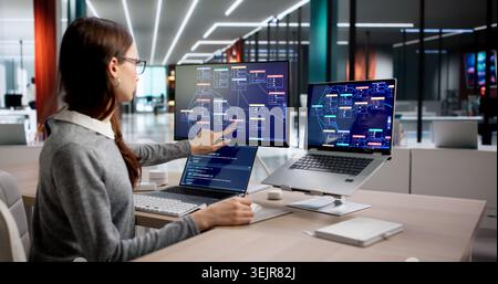Woman Builds Complex AI Software Using Visual Nodes On Her Laptop. Stock Photo