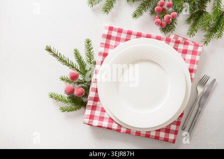 Christmas table setting with elegant red decorations. View from above. Stock Photo