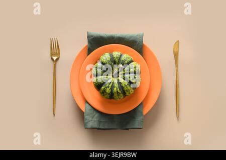 Autumn table setting decorated fall harvest for Thanksgiving day. Stock Photo