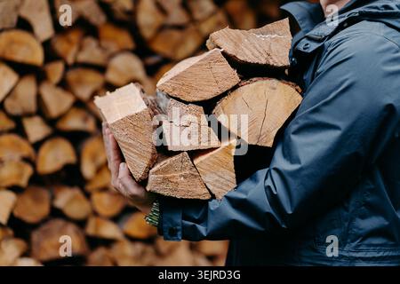 Close Up of Man Holding Split Firewood Logs in Arms Near Stacked Woodpile Outdoors Stock Photo