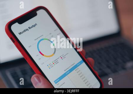 Hand holds smartphone showing monthly budget report beside laptop Stock Photo