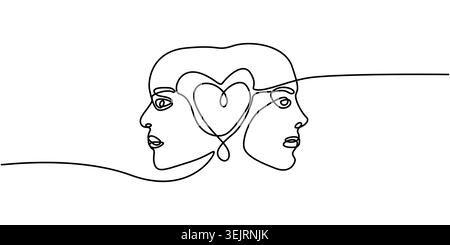 Minimalist One-Line Drawing of Two Profiles Forming a Heart Stock Vector