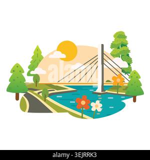Cable stayed bridge over river with road, trees and flowers. Flat vector landscape illustration isolated on white background. Stock Vector