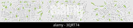 Set of three top down abstract city map banners featuring street networks and green park zones. Vector illustration. Stock Vector
