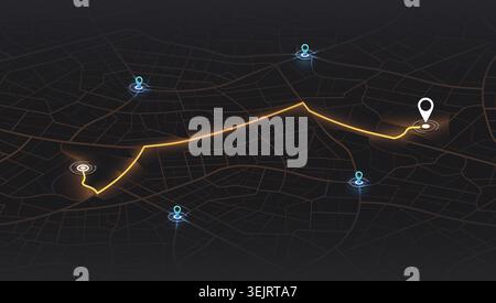 Isometric dark city map with glowing orange navigation route and destination pin. Vector illustration. Stock Vector