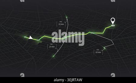Dark mode city map navigation dashboard displaying optimal route path with travel time estimates and location pin. Vector illustration. Stock Vector