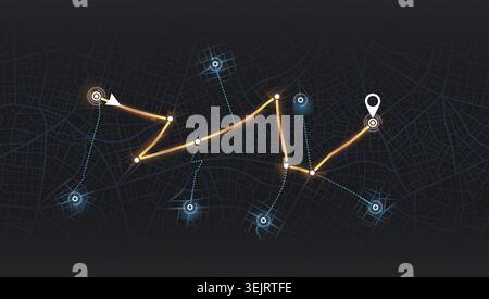 Dark digital city map displaying glowing orange tracking route and location marker. Vector illustration. Stock Vector