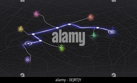 Dark isometric city map featuring glowing route path connecting colorful location pins. Vector illustration Stock Vector