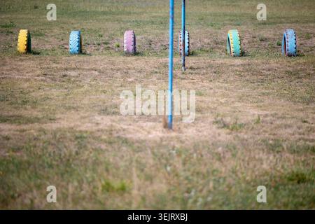 A row of several painted old vehicle tires half-buried in the dry grassy ground of an empty outdoor recreational field with a blurry blue metal pole s Stock Photo