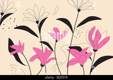Seamless retro floral pattern with pink flower silhouettes and linear elements - Simple and minimalist background Stock Vector