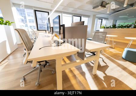 Modern office workspace featuring multiple desks with computer monitors, ergonomic chairs, and greenery, designed for collaboration and productivity Stock Photo