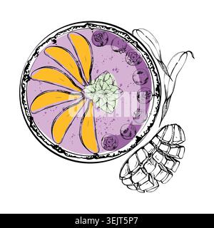 Smoothie bowl of two colorful topping halves with blueberry berries and yellow tropical mango fruit. Hand drawn ink vector. Colorful menu headers Stock Vector