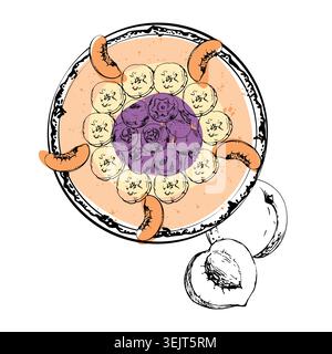 Blueberry topping in banana coin rings, nectarine or apricot fruit, peach slice topping on smoothie bowl. Hand drawn ink vector. Kids menu visuals Stock Vector