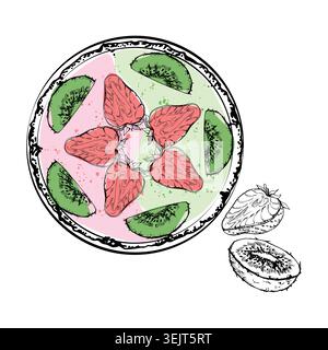 Strawberry slices star pattern with kiwi fruit border around smoothie bowl. Isolated illustration hand drawn in ink vector. Festive brunch flyers Stock Vector