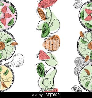 Seamless pattern of avocado and apple slices, citrus wheels, kiwi fruit, berry topped creamy smoothie bowls. Isolated hand drawn ink vector Stock Vector