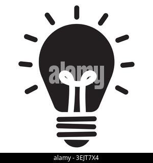 Black silhouette of a light bulb with rays emanating from the top, representing ideas, creativity, and innovation in a minimalist design Stock Vector