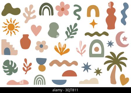 Abstract illustration featuring various colorful shapes including sun, plants, vases, and rainbows arranged in a playful pattern on a white background Stock Vector