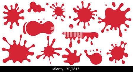 Red paint splashes and drips in various shapes and sizes arranged on a white background, showcasing vibrant color and dynamic forms for artistic Stock Vector