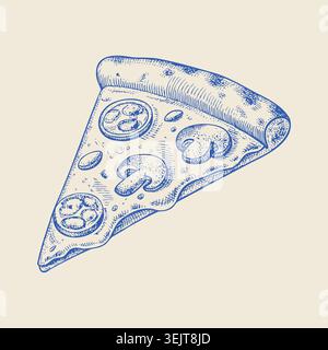 Hand-drawn illustration of a slice of pizza featuring pepperoni, mushrooms, and cheese on a light beige background, showcasing detailed textures and Stock Vector