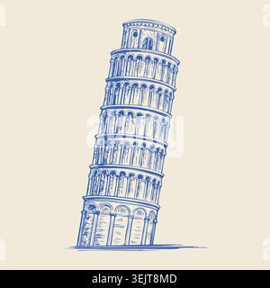 Leaning Tower of Pisa illustration in blue ink style, showcasing its distinctive architectural features and leaning structure against a light Stock Vector