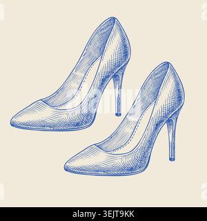 Elegant high-heeled shoes illustrated in blue ink on a light beige background, showcasing a classic pointed toe design and slender stiletto heels Stock Vector