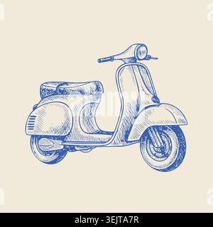 Vintage scooter illustration in blue ink style featuring a classic design with a comfortable seat and detailed wheels on a light beige background Stock Vector