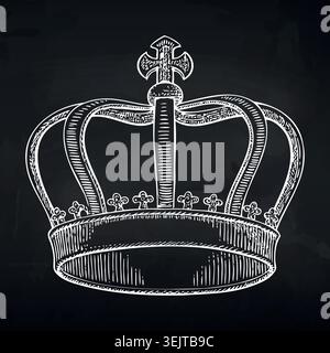 Hand-drawn illustration of a royal crown with intricate details and a cross on top, set against a dark background for a regal and elegant appearance Stock Vector