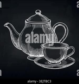 Hand-drawn illustration of a teapot and teacup on a saucer, featuring intricate details and a classic design, set against a dark background for Stock Vector