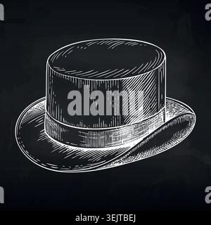 Vintage top hat illustration with detailed shading on a black background, showcasing the classic design and elegant shape of this formal headwear Stock Vector
