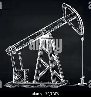 Oil pump jack illustration on a black background, showcasing the mechanical structure and design of an oil extraction device in a simple, hand-drawn Stock Vector