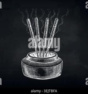 Incense sticks placed in a round holder with smoke rising, illustrated in a detailed black and white sketch style on a dark background Stock Vector
