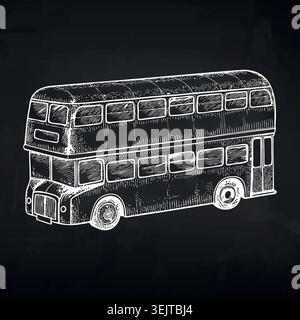 Vintage double-decker bus illustration with detailed line work on a black background, showcasing classic design elements and distinct features of the Stock Vector