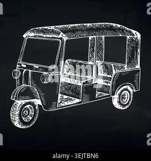 Hand-drawn illustration of a three-wheeled auto rickshaw with a detailed view of the interior and exterior features on a black chalkboard background Stock Vector